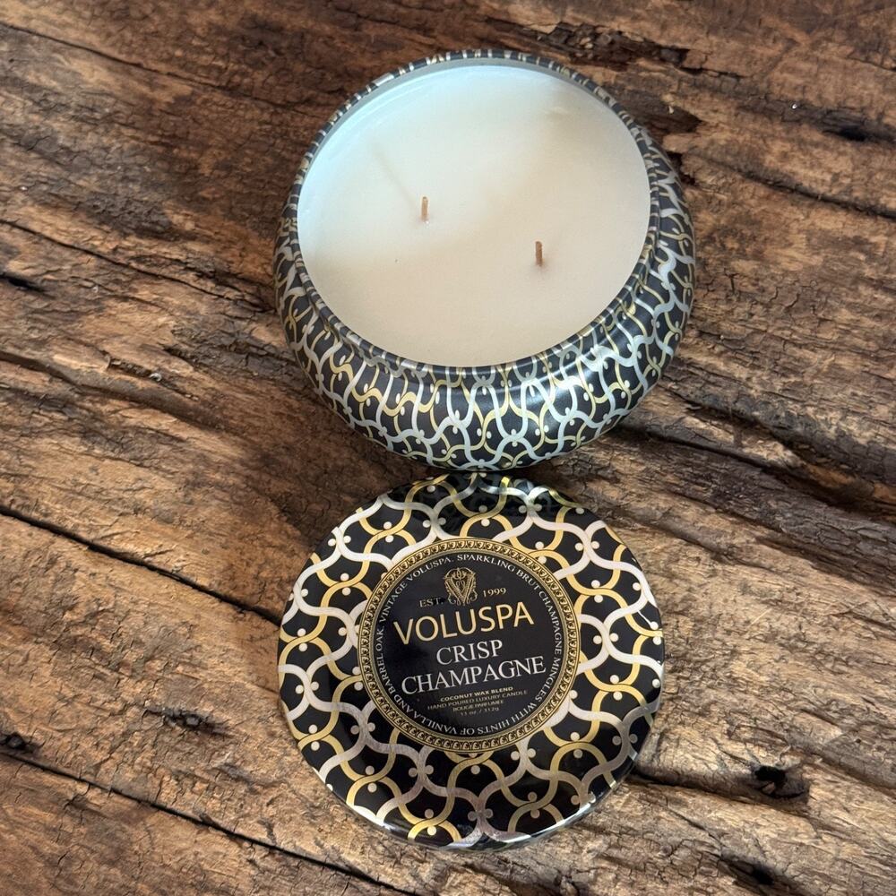 Voluspa Crisp Champagne 11 oz Tin Candle — New Unused, Lid Dented